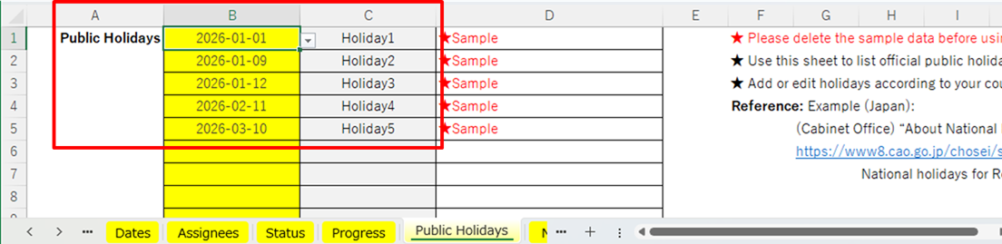Add public holidays and non-working days