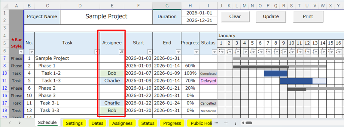 Filter by assignee, start date, end date, progress, or status
