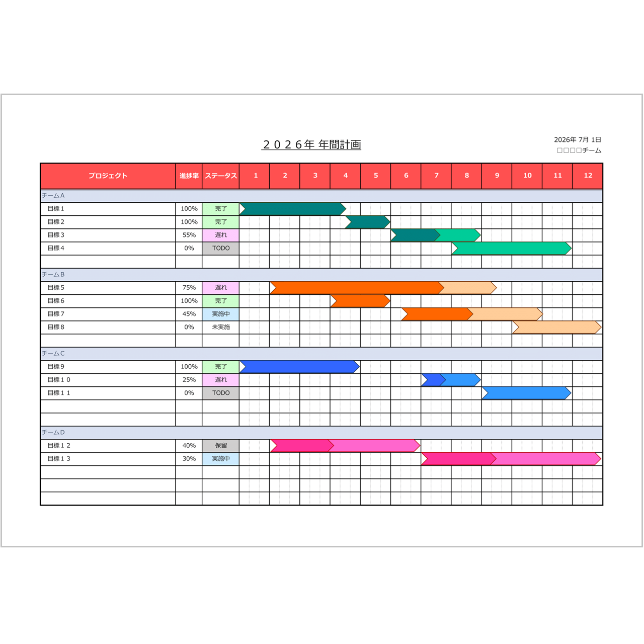 【月別ガントチャート】年間計画に最適な無料Excelテンプレート|進捗・ステータス管理・入力補助付き