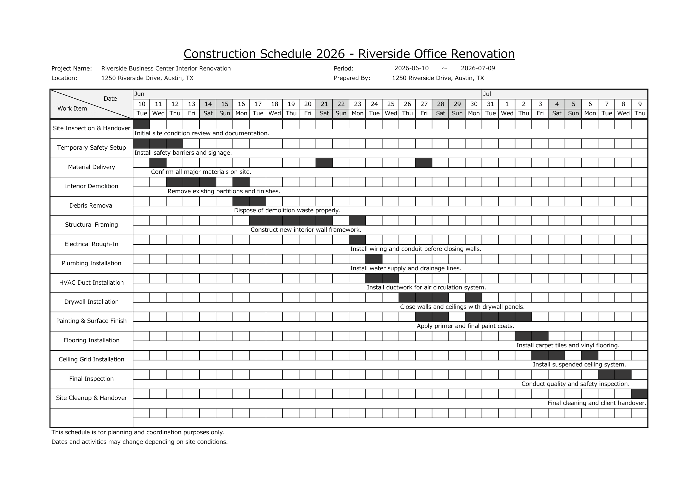Monthly Construction Schedule Template (Printable Excel) with sample data