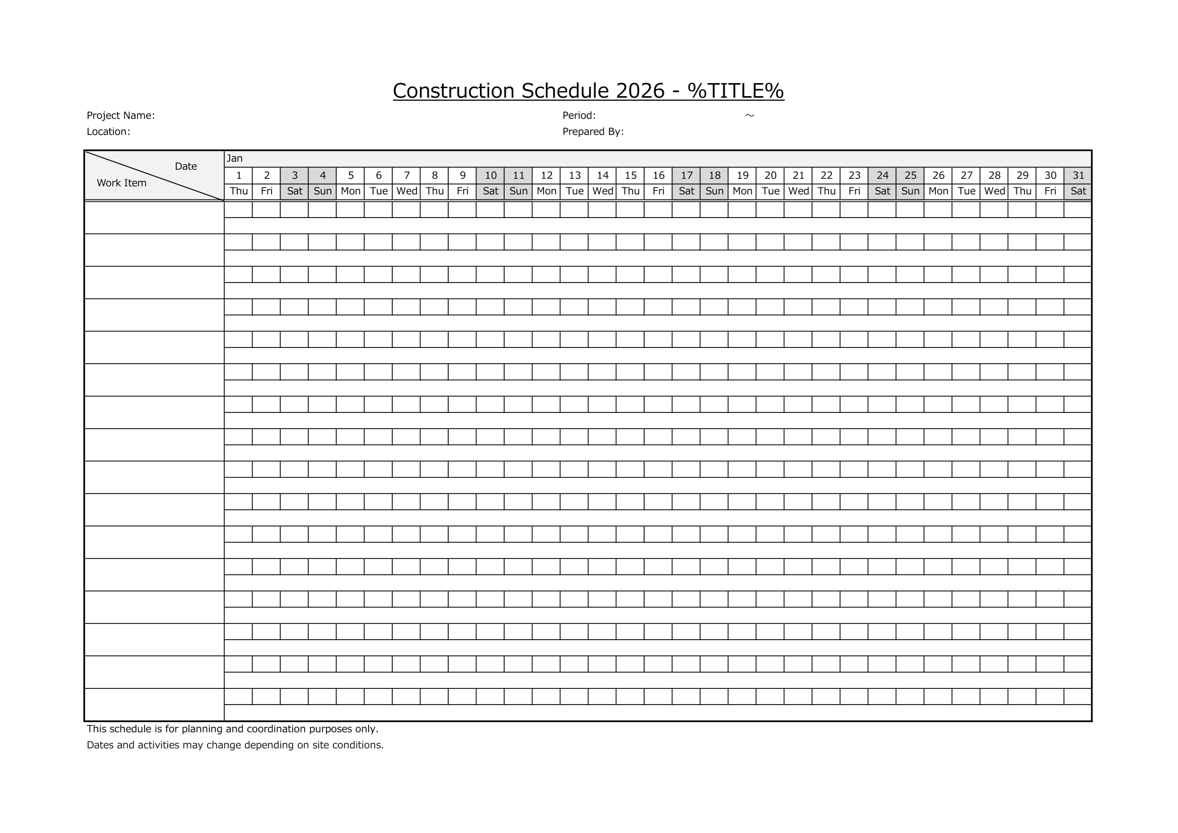 Monthly Construction Schedule Template (Printable Excel)